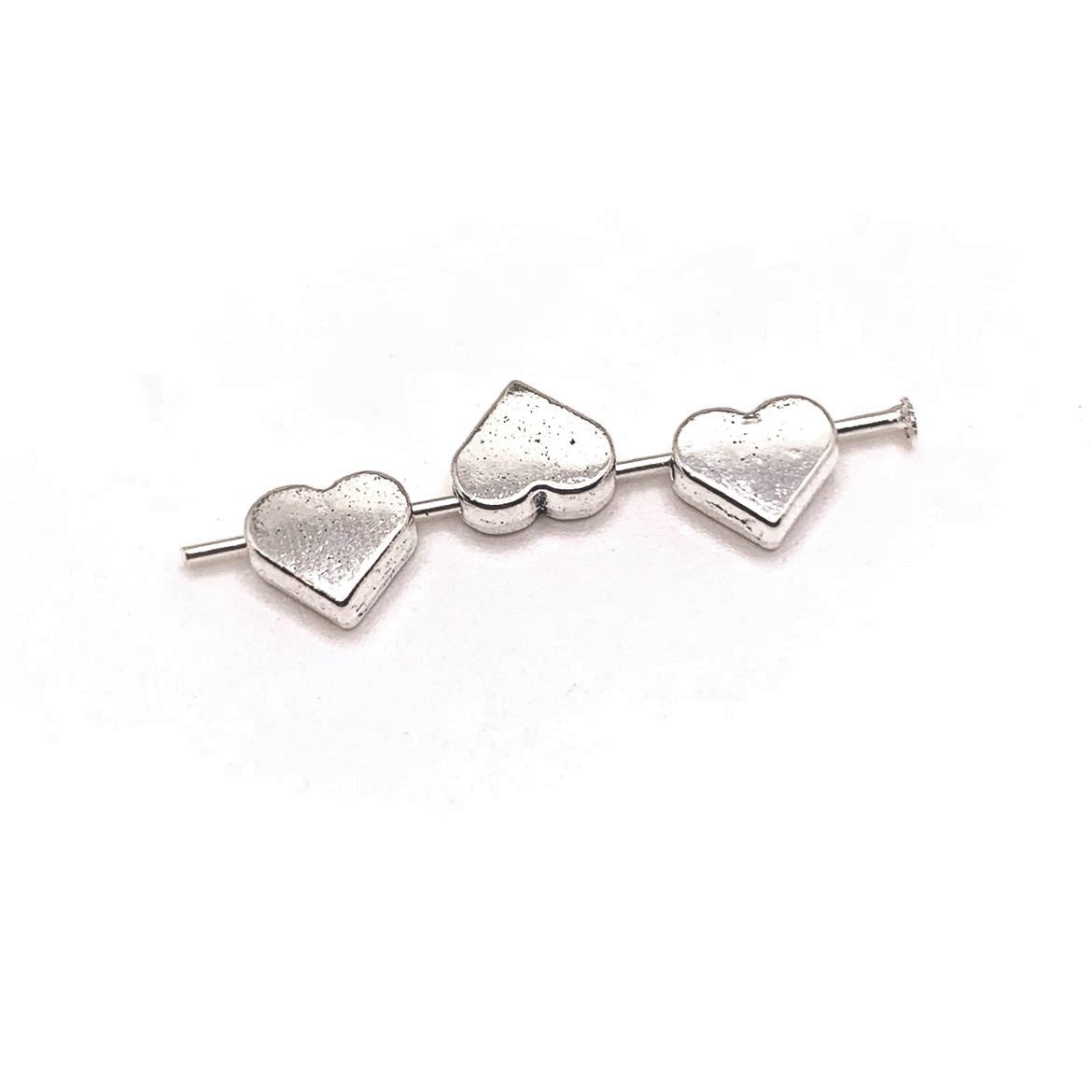 4, 20 or 50 Pieces: Flat Silver Heart Spacer Charm Beads - Double Sided