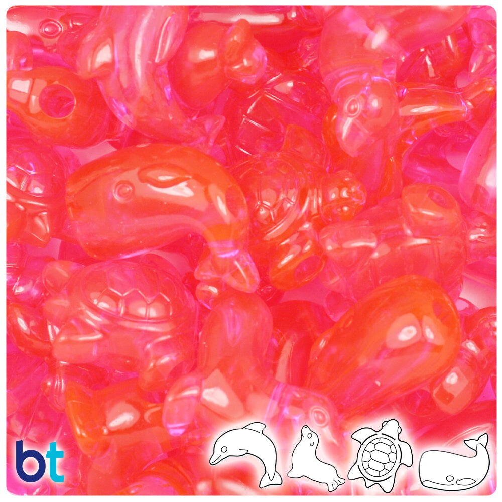 BeadTin Hot Pink Transparent Marine Life Plastic Pony Beads (2oz)