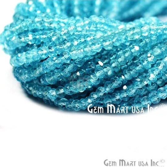 Blue Topaz Rondelle Beads, 13 Inch Gemstone Strands, Drilled Strung Nugget Beads, Faceted Round, 3-4mm, GemMartUSA (RLBT-70002)