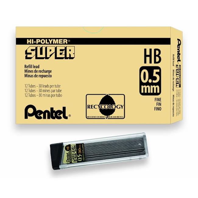Pentel Super Hi-Polymer Lead Refills- 0.5Mm- Black- 30 Leads- Tube