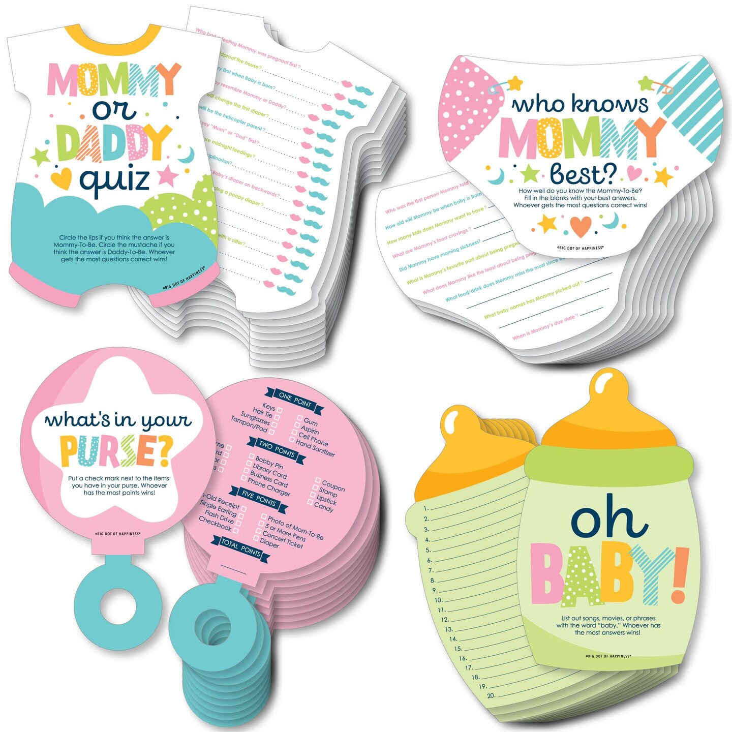 Big Dot of Happiness Colorful Baby Shower - 4 Baby Shower Games - 10 Cards Each - Gamerific Bundle