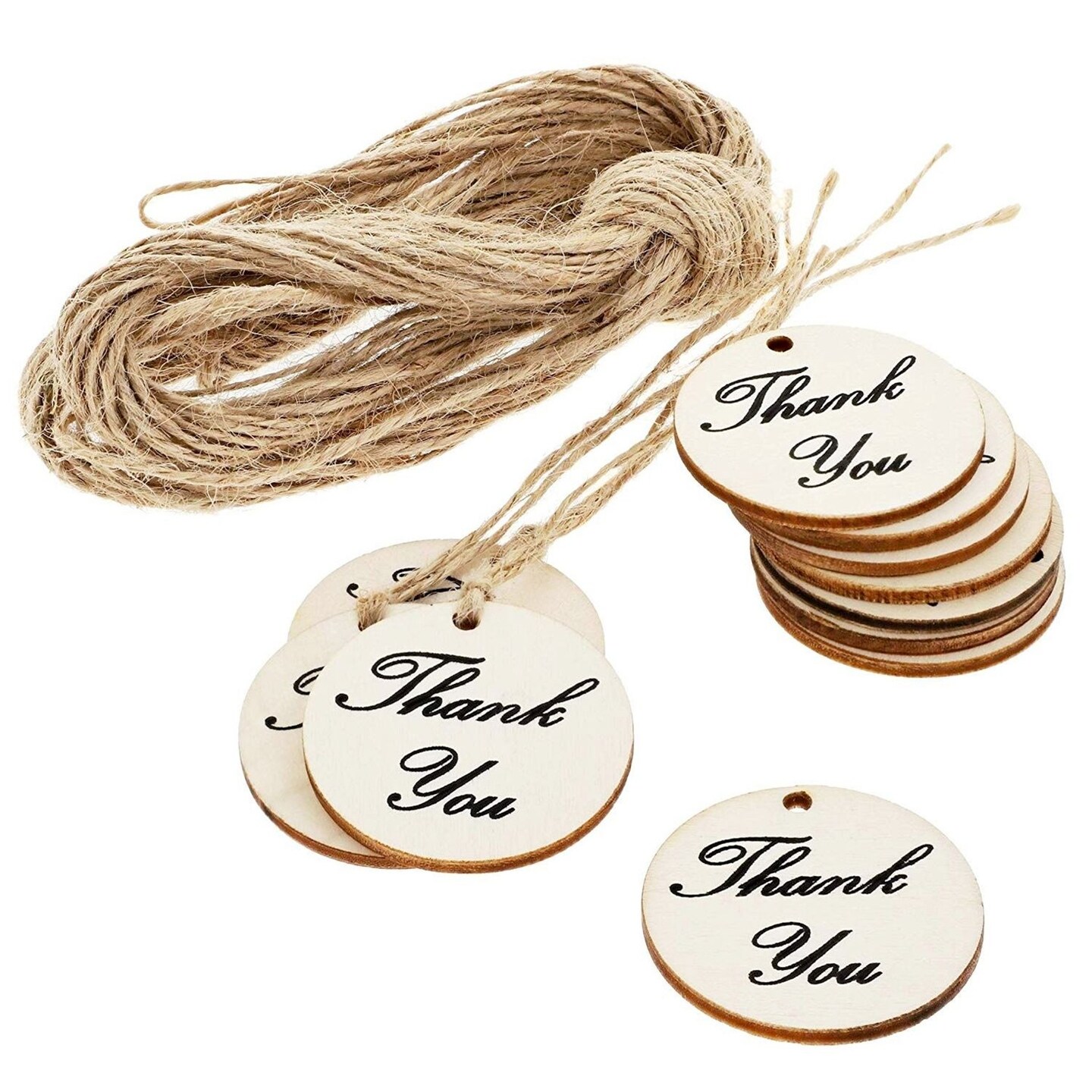 100-Pack Thank You Wood Tags with Twine for Wedding and Baby Shower themed Party Favors, 1.5 Inches