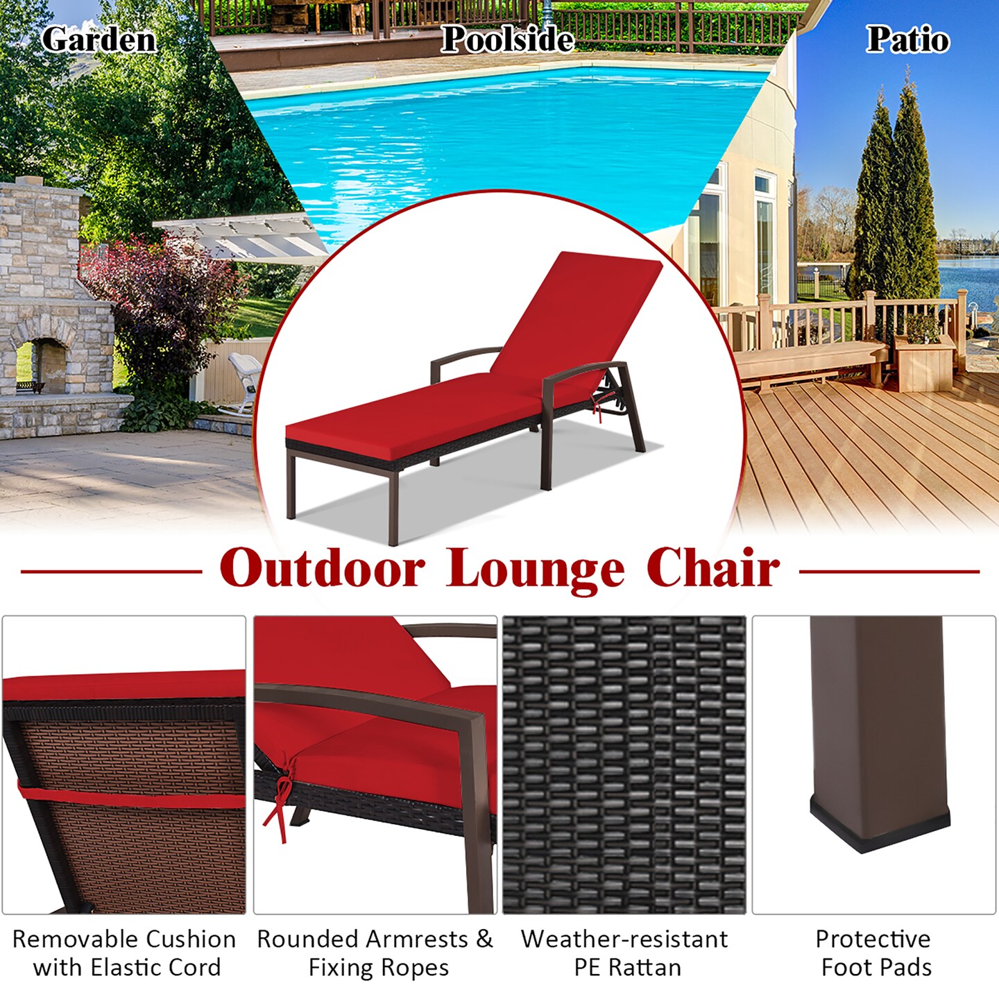 Costway Patio Rattan Lounge Chair Chaise Recliner Back Adjustable Cushioned Outdoor Red