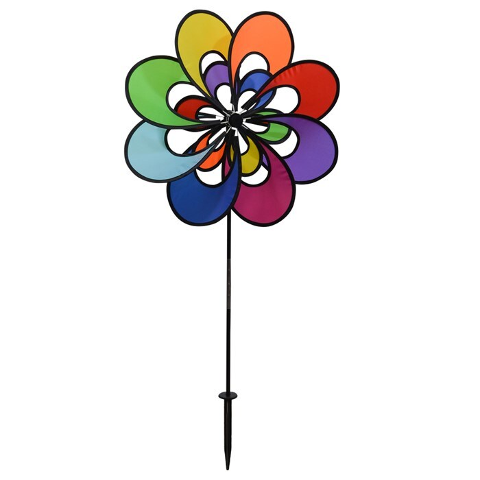 In the Breeze Spectrum Double Windee Wheelz - Ground Stake Included - Colorful Flower Spinner for your Yard and Garden