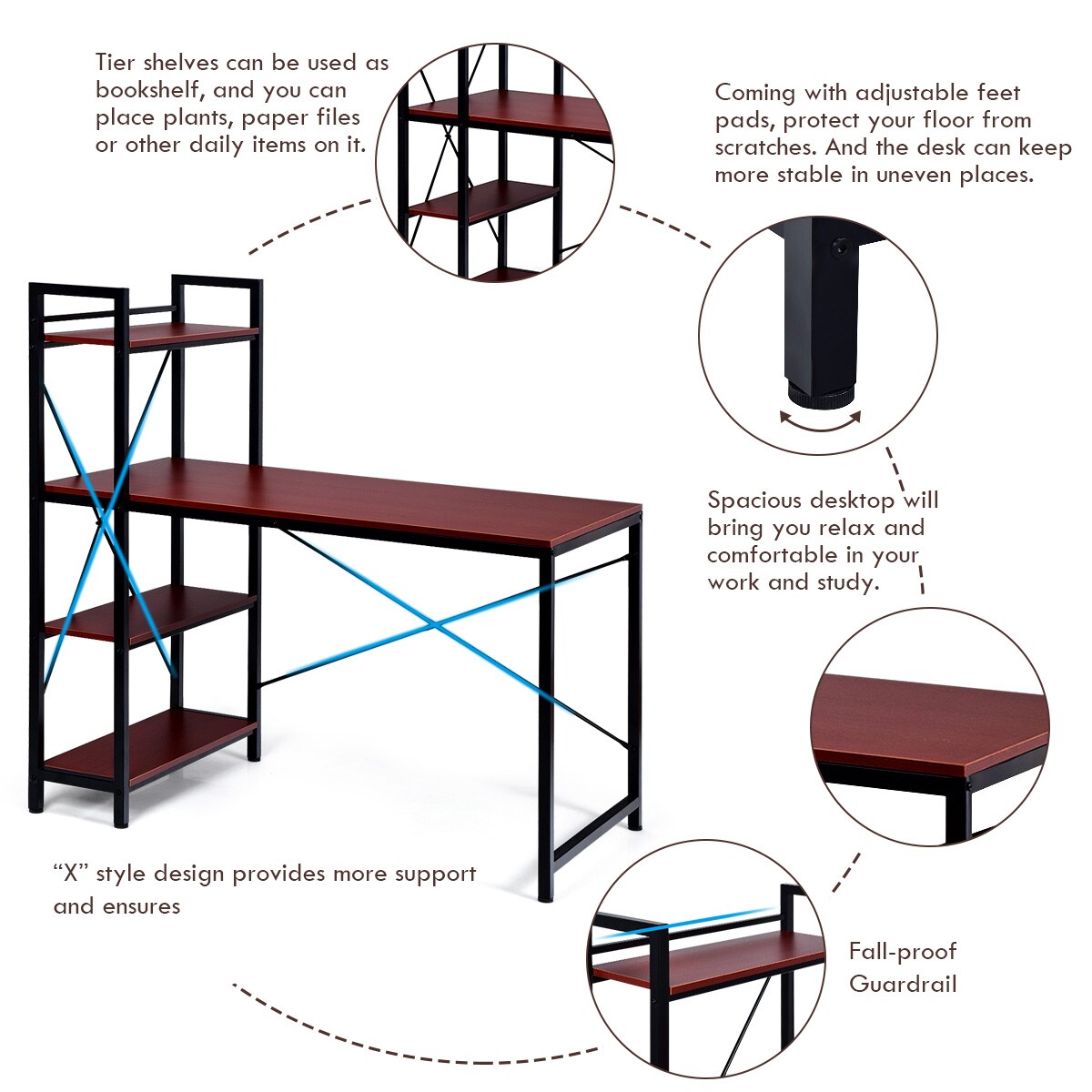 Costway 47.5&#x27;&#x27; Compact Computer Desk With 4-Tier Storage Bookshelves for Home Office