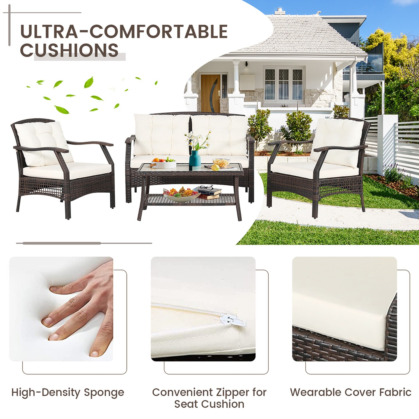 Costway 4 PCS Outdoor Rattan Conversation Set Patio Rattan Sofa Set W/ Protective Cover