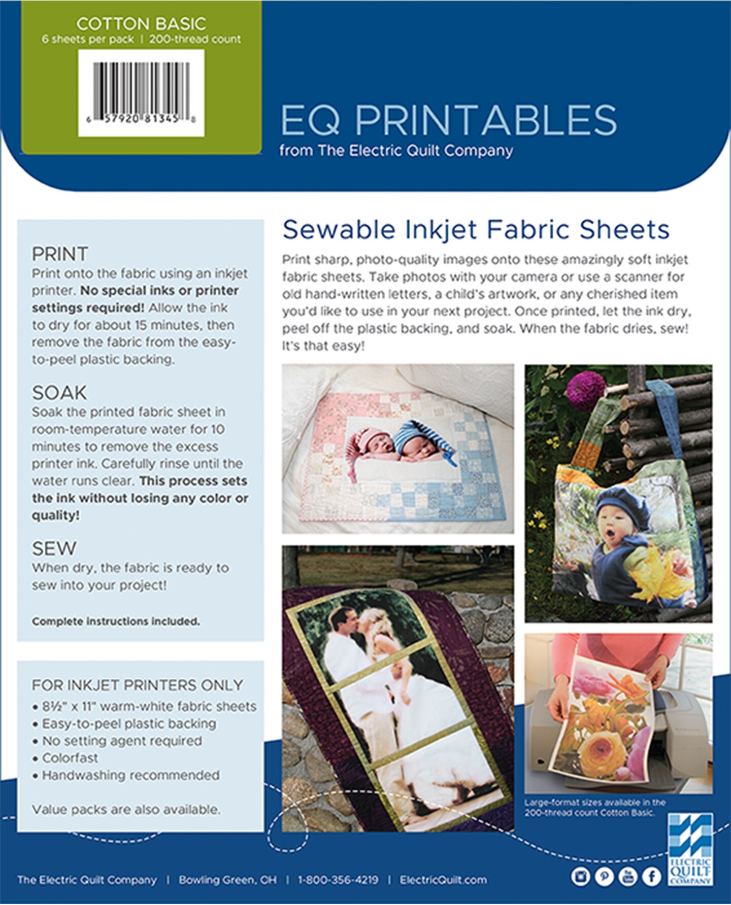 EQ Inkjet Printable Cotton Basic Fabric Sheets 8.5"X11"-6/Pkg