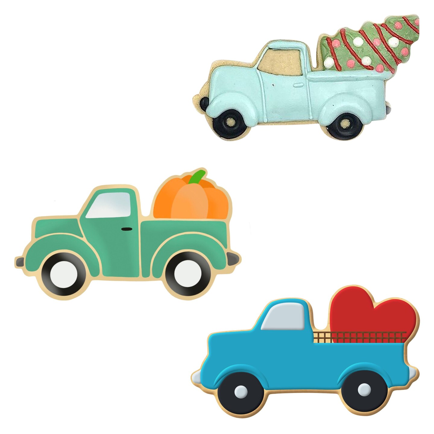 CookieCutter.com Holiday Truck Cookie Cutter 3 Piece Set, Truck with Tree, Pumpkin, Heart, USA