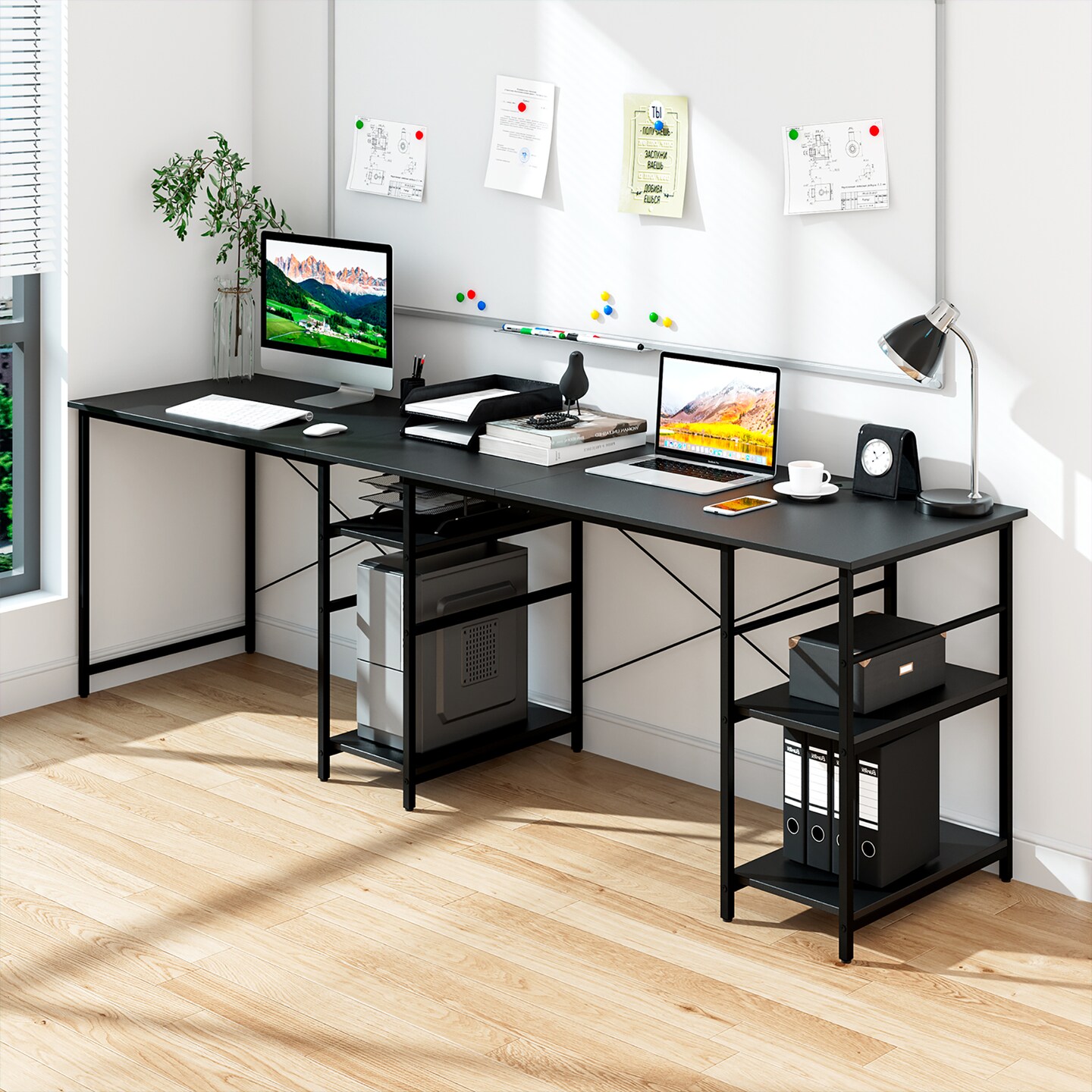 Costway 95&#x27;&#x27; Convertible L-shaped Corner Computer Desk 2-Person Long Desk Shelves Black