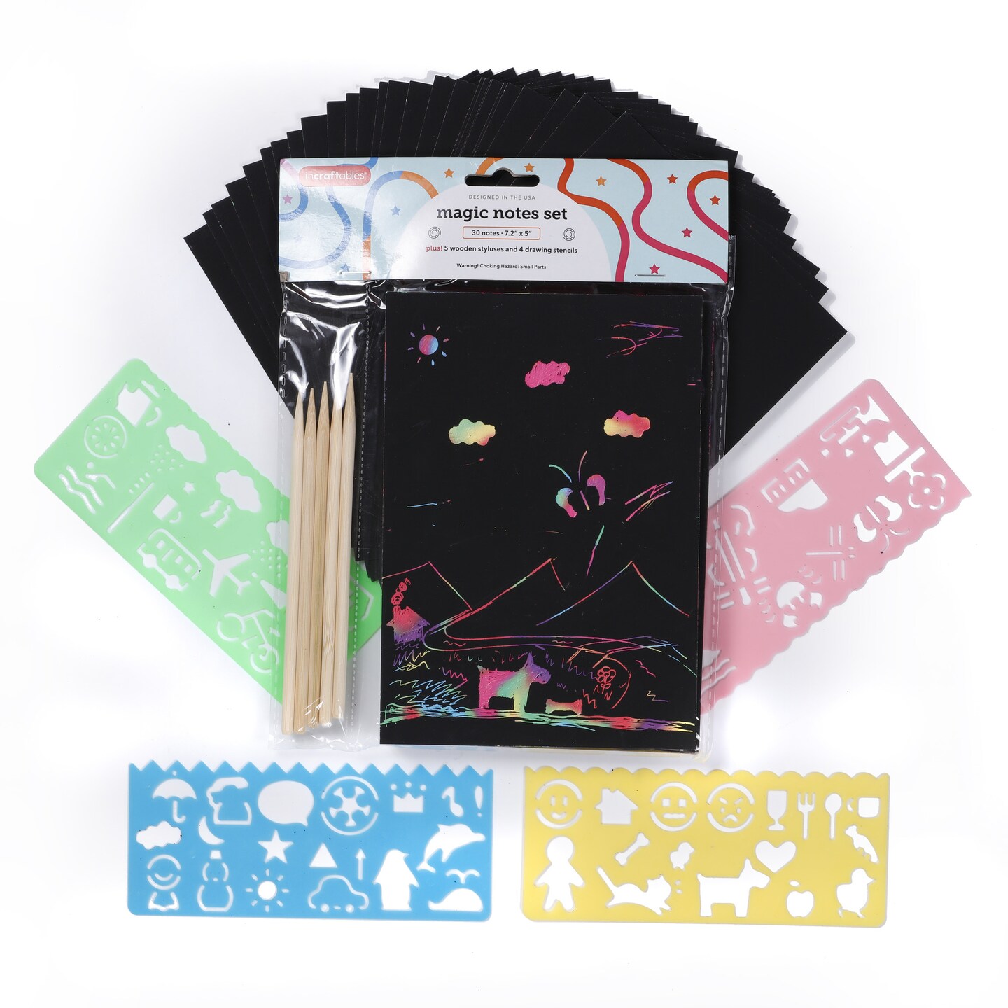 Incraftables Rainbow Scratch Paper Set. Magic Notes Kit with 30pcs Scratch Art Paper, 5pcs Wooden Stylus &#x26; 4pcs Drawing Stencils. Black Scratch Off Paper for Kids. Best Scratch Pad for Drawing &#x26; Craft