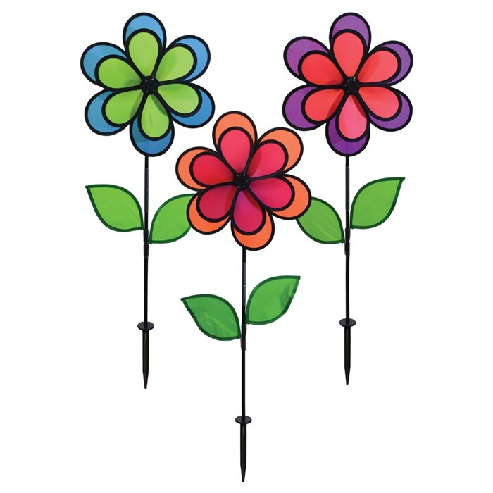 In the Breeze 14 Inch Neon Colorblock Double Flower Spinners - 3 Pack - Colorful Wind Spinners for your Yard and Garden