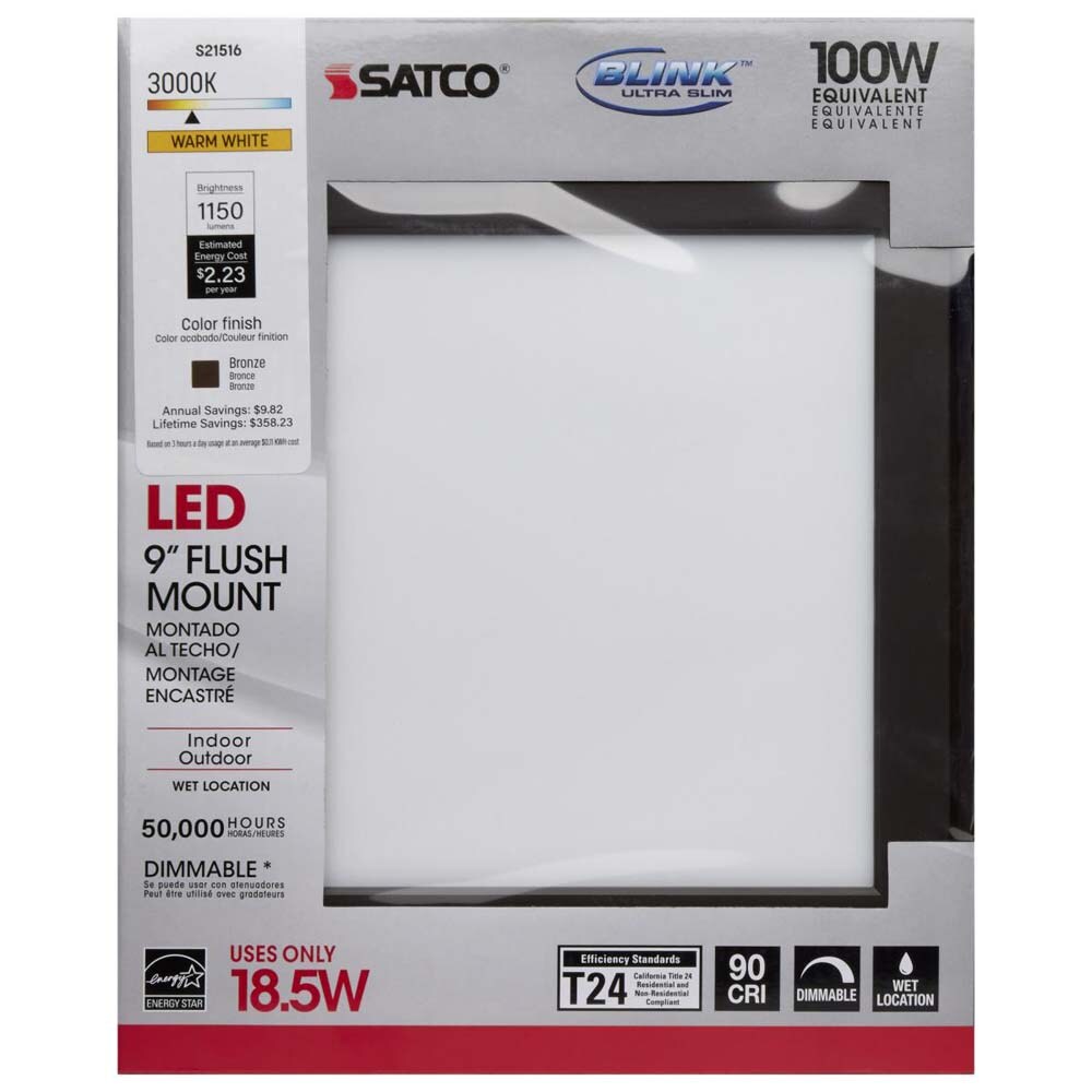 18.5w 9-in Flush Mount LED Fixture 3000K Square Shape Bronze Finish 120v