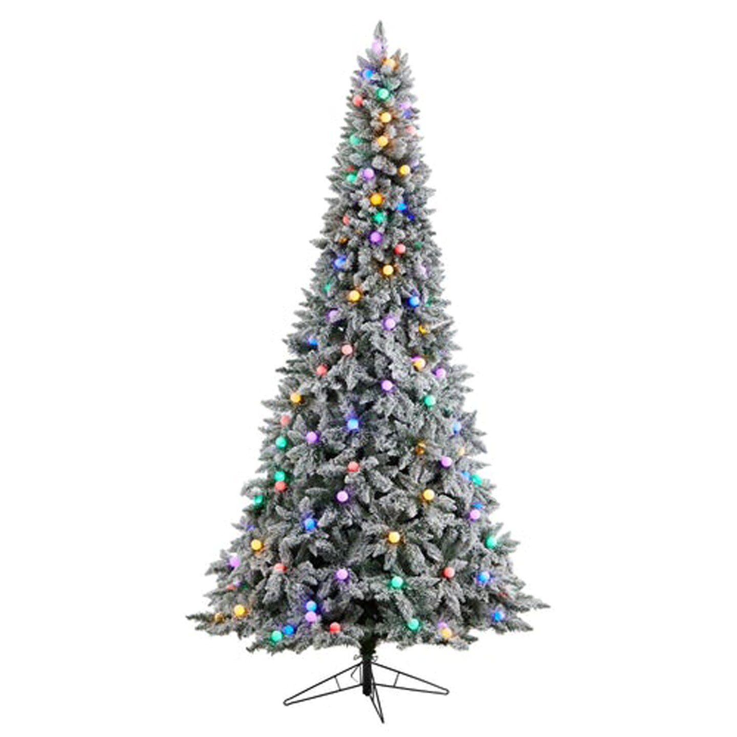 Nearly Natural Home Decorative 9.5&#x27; Flocked British Columbia Mountain Fir Artificial Christmas Tree with 150 Multi Color Globe Bulbs and 2297 Bendable Branches