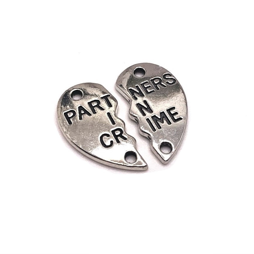 1, 5 or 20 Sets: Silver Partners In Crime Connector Heart BFF Charms