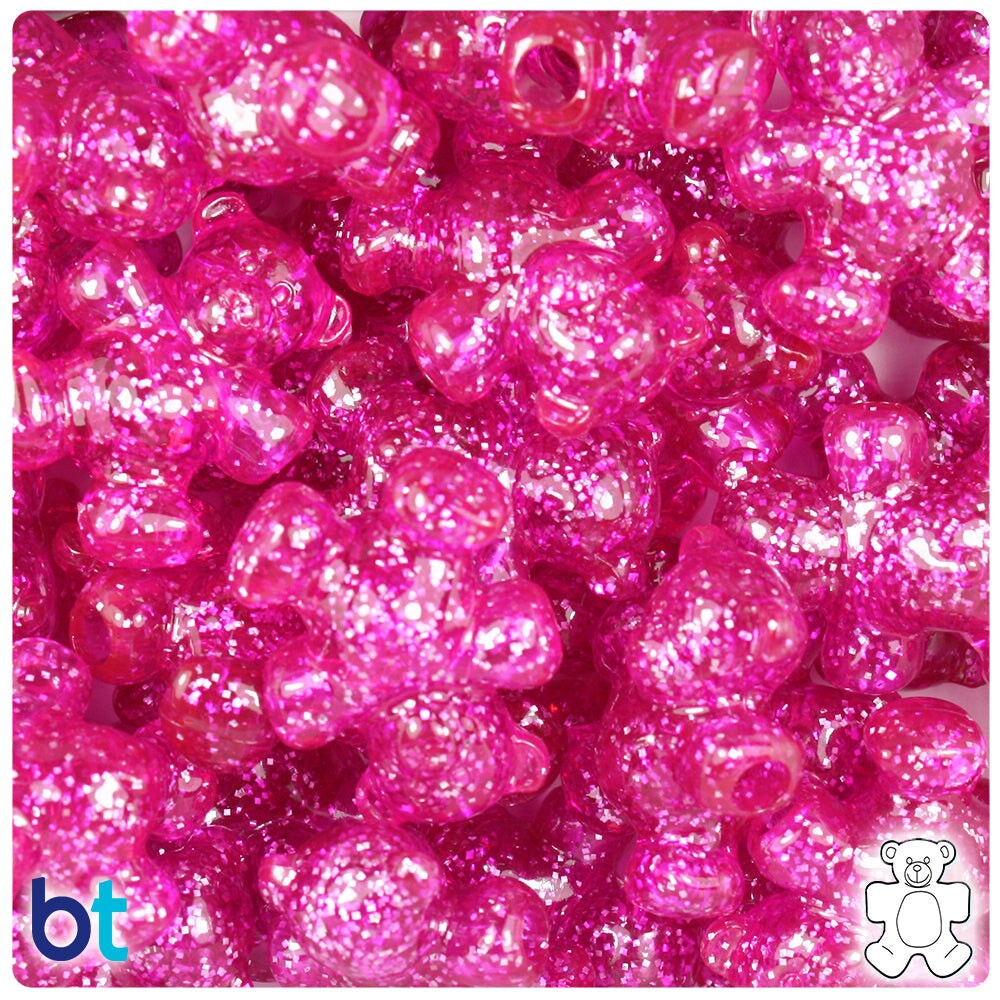 BeadTin Hot Pink Sparkle 25mm Teddy Bear Plastic Pony Beads (24pcs)
