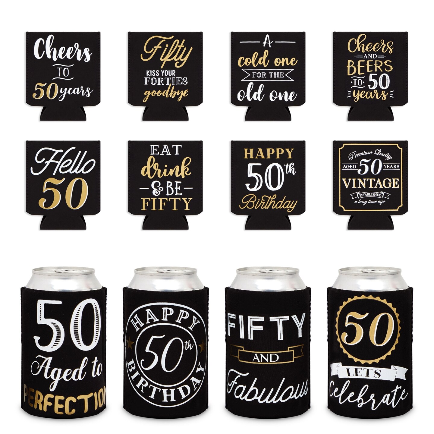 12 Pack 50th Birthday Can Cooler Sleeves for Soda, Beverages - Cheers and Beers to 50 Years Decorations and Party Favors for Women, Men (Black and Gold, 2.5x4 in)