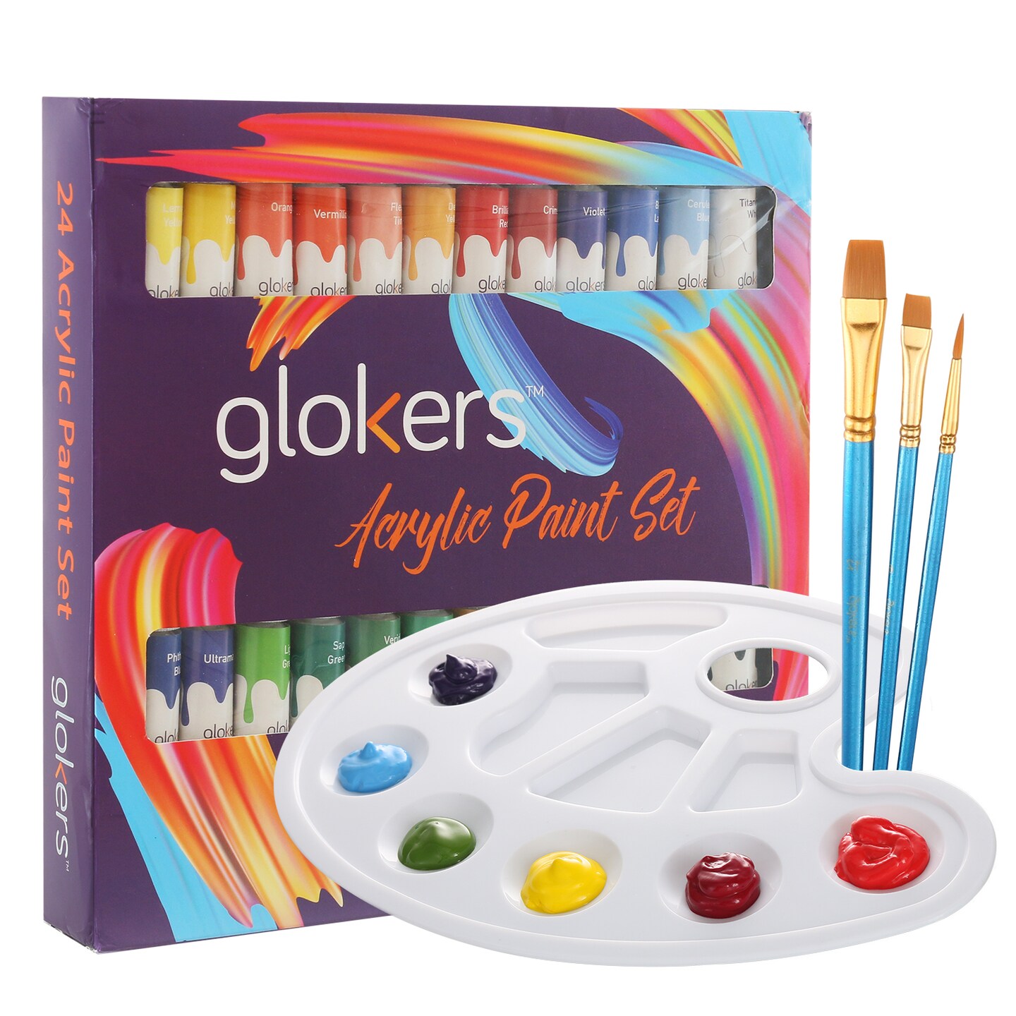 Acrylic Paint Set, 24 Colors, With 3 Paint Brushes, by Glokers