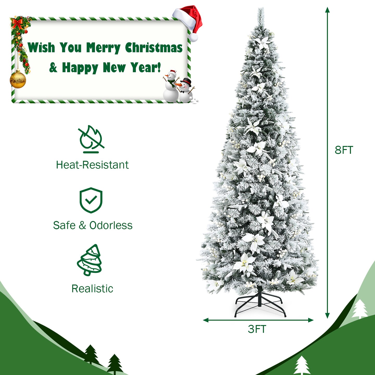 Costway 5ft/6ft/7ft/8ft Snow Flocked Christmas Pencil Tree w/ Berries &#x26; Poinsettia Flowers