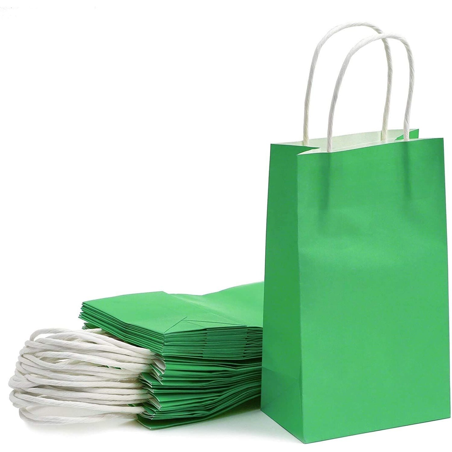25-Pack Green Gift Bags with Handles - Small Paper Treat Bags for Birthday, Wedding, Retail (5.3x3.2x9 In)