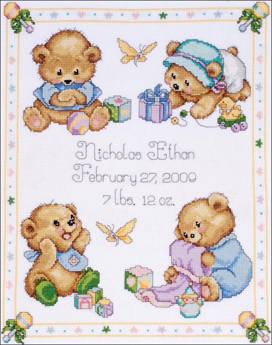 Tobin Counted Cross Stitch Kit 11"x14"-Baby Bears Birth Record