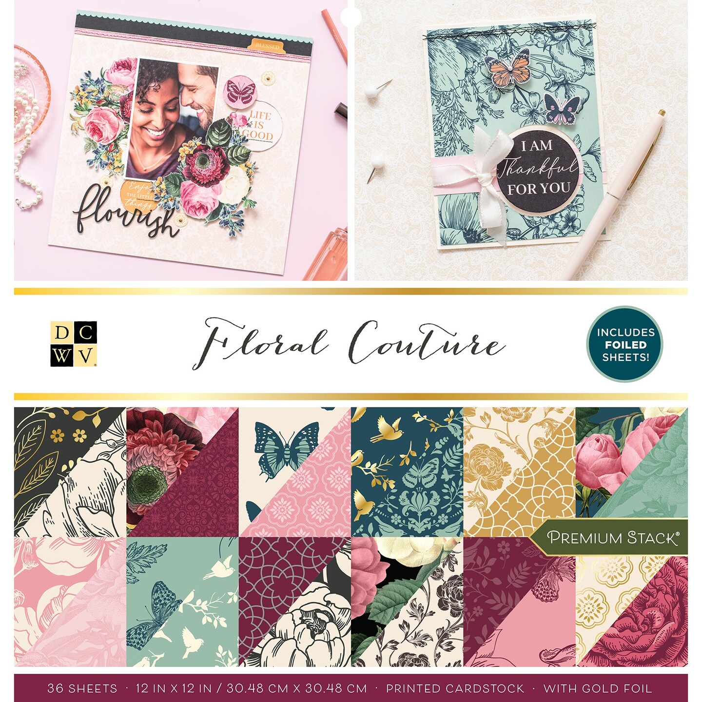 DCWV Double-Sided Cardstock Stack 12"X12" 36/Pkg-Floral Couture, W/Gold Foil