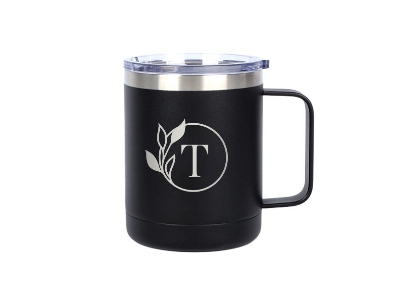 Engraving Coffee Cup, 10 oz with Lid and Handle (Black)