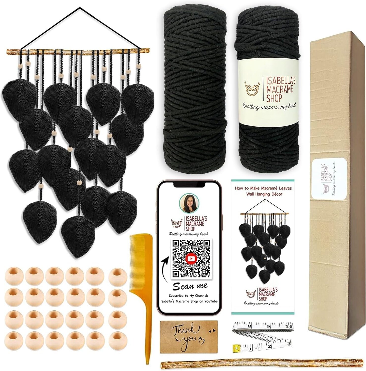 3Mmx180Yards Boho Macrame Kit -Macrame Supplies - Boho DIY Kits - Macrame Kits for Adults Beginners - Macrame Wall Hanging Kit -Leaf Tapestry, with 2 Macrame Rolls, Accessories &#x26; QR Code (Green)