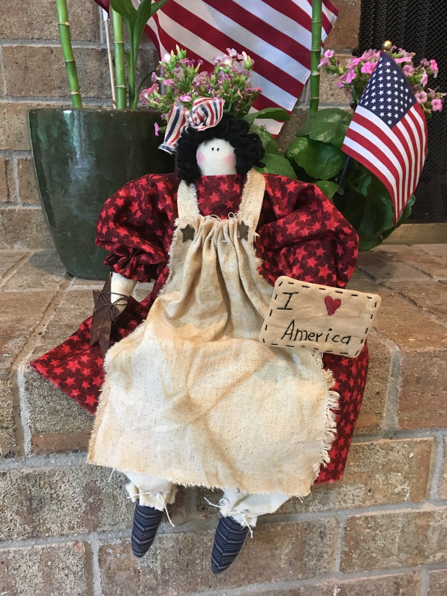 Handmade Primitive Patriotic Raggedy Ann Doll - Americana Pin