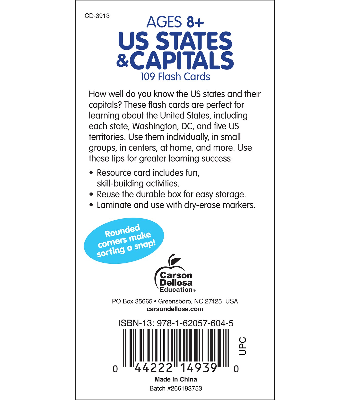 Carson Dellosa US States and Capitals Flash Cards, US History, Fun Facts, and Geography for Kids, Social Studies for Grade 3 and Up, Educational Games for Kids Ages 8+ (109 Cards)