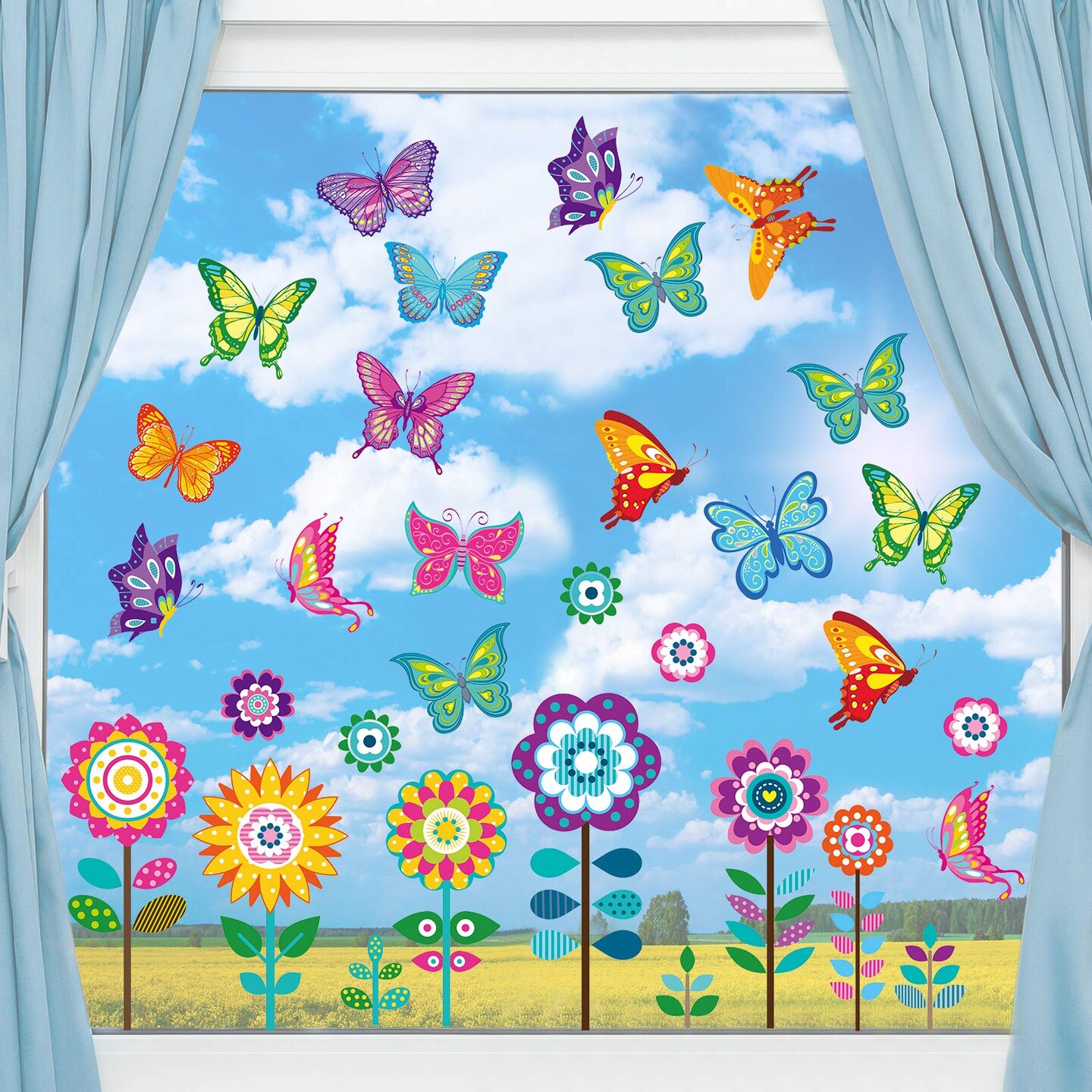 72 Pieces Large Size Spring Window Clings Flowers Butterfly Windows
