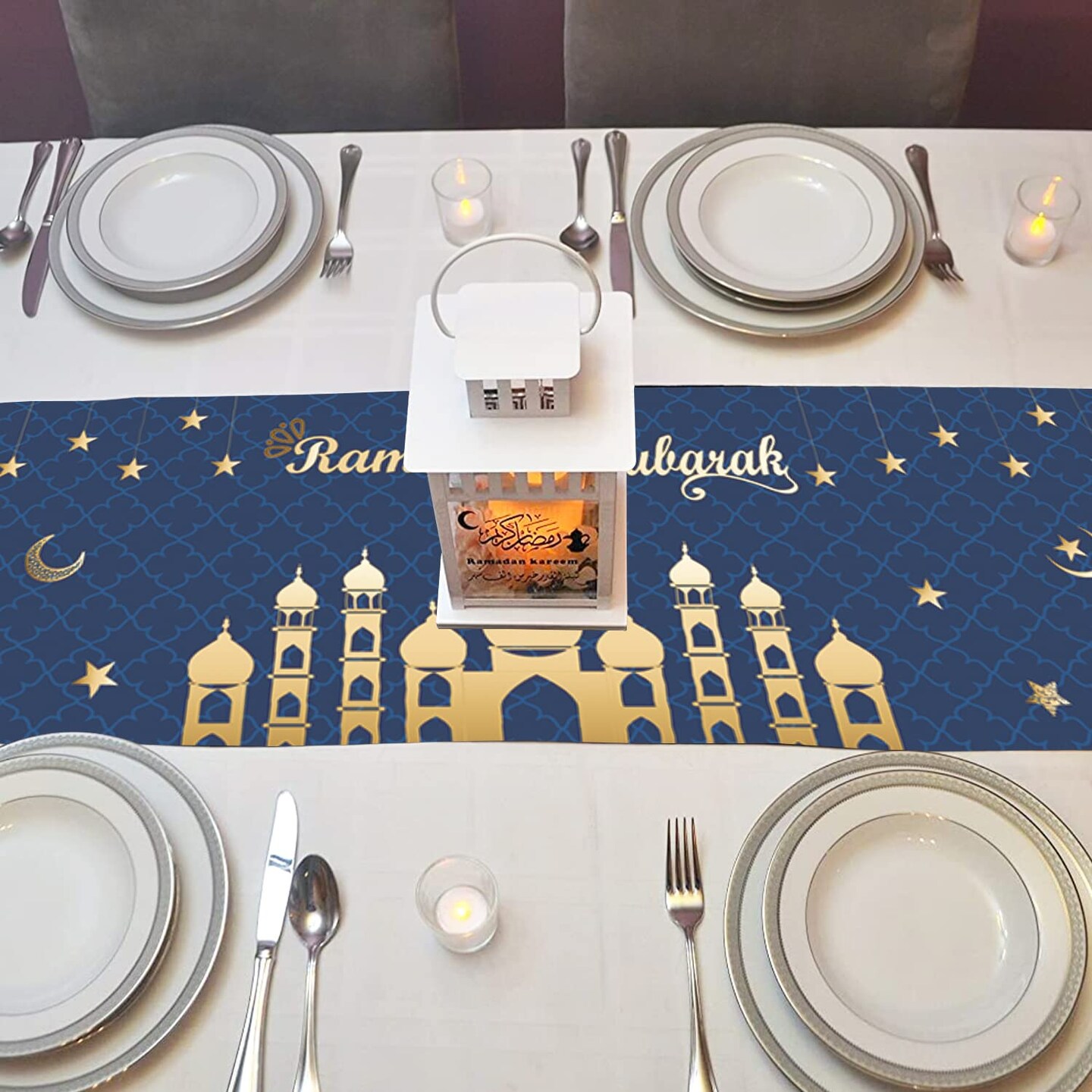 Ramadan Mubarak Table Runner Table Decorations - Ramadan Mosque Lantern Islamic Happy Ramadan Mubarak 2024 Party Supplies Decorations, 13.8x71 inches