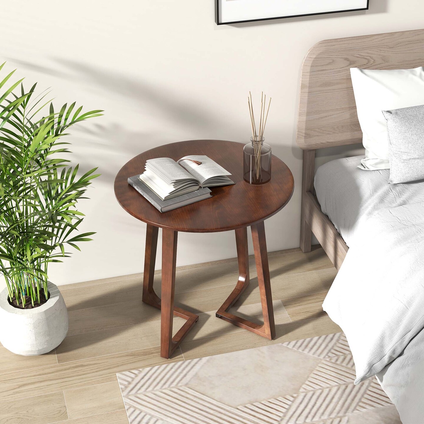 Costway 24&#x22; Round Side Table Solid Rubber Wood End Table Beside Sofa&#x26;Bed for Small Space Brown/Natural