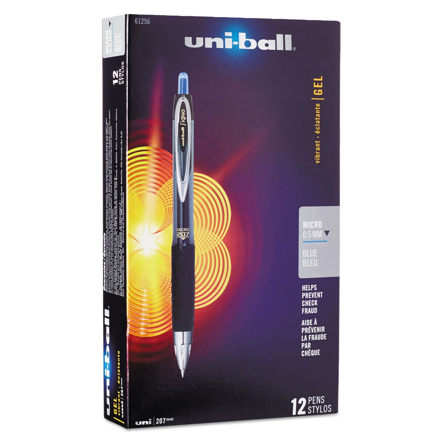 Uni-Ball Signo 207 Retractable Gel Pen, Micro 0.5mm, Blue Ink, Smoke/Black/Blue Barrel, Dozen