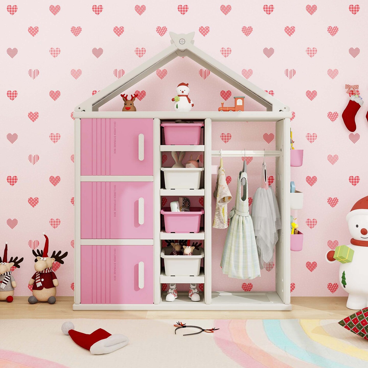 Costway Kids Costume Storage Closet Children Pretend Dresser with Storage Bins Shelves Grey/Pink/White