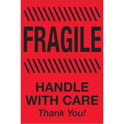 Tape Logic Labels, &#x22;Fragile - Handle With Care&#x22;, 2&#x22; x 3&#x22;, Fluorescent Red, 500/Roll