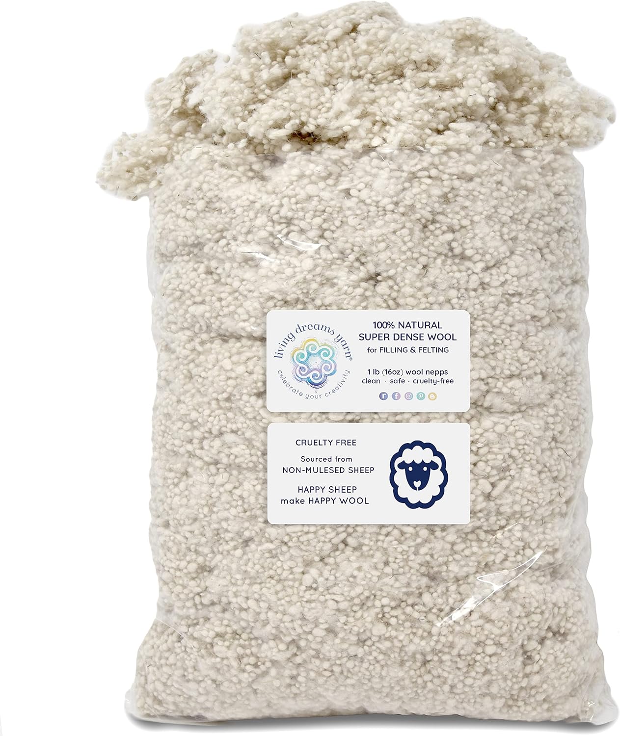 1 LB SUPER DENSE Wool Filler for Stuffing Toys or Pillows, Needle Felting, Blending and Dryer Balls, Premium Fiber Fill. Natural White