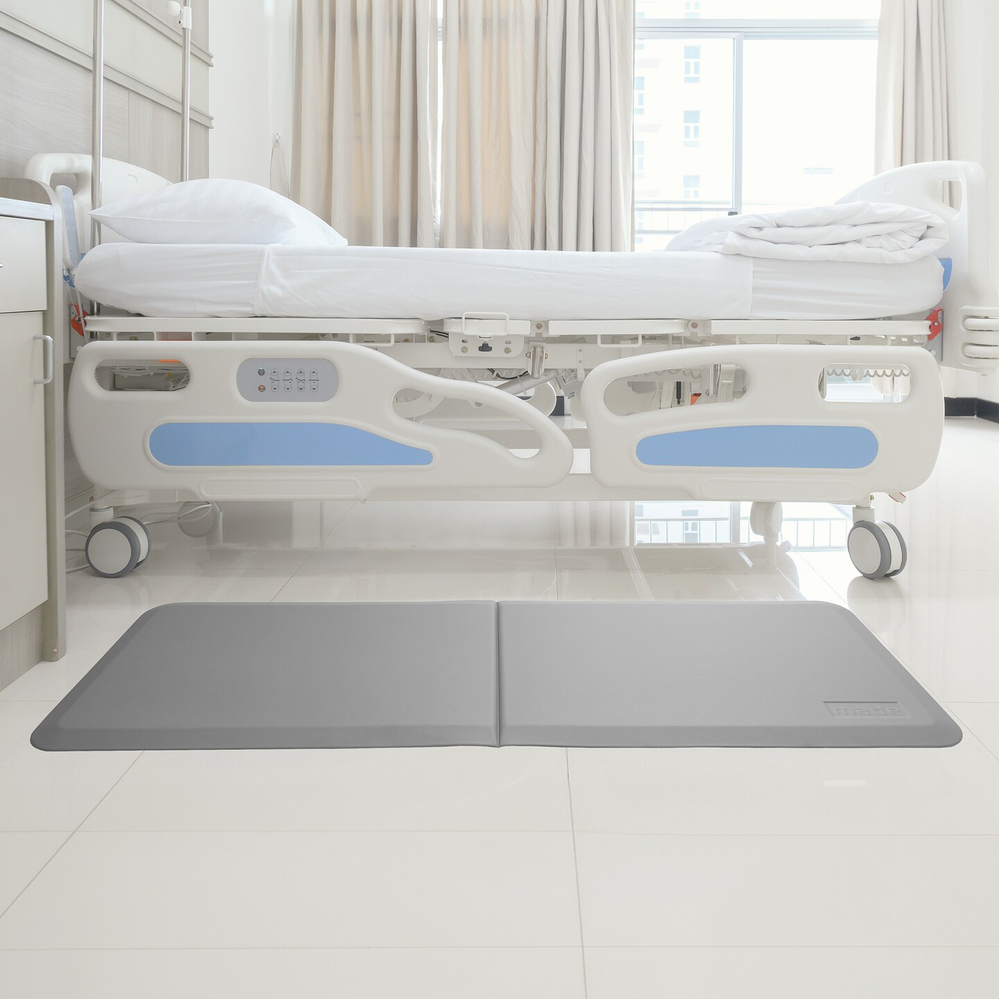 Made Medical 73&#x22; x 24&#x22; Bi-Fold Bedside Non-Slip Fall Mat for Elderly - Fall Prevention Anti-Skid Pad with Beveled Edge Anti-Fatigue Floor Mat, Gray