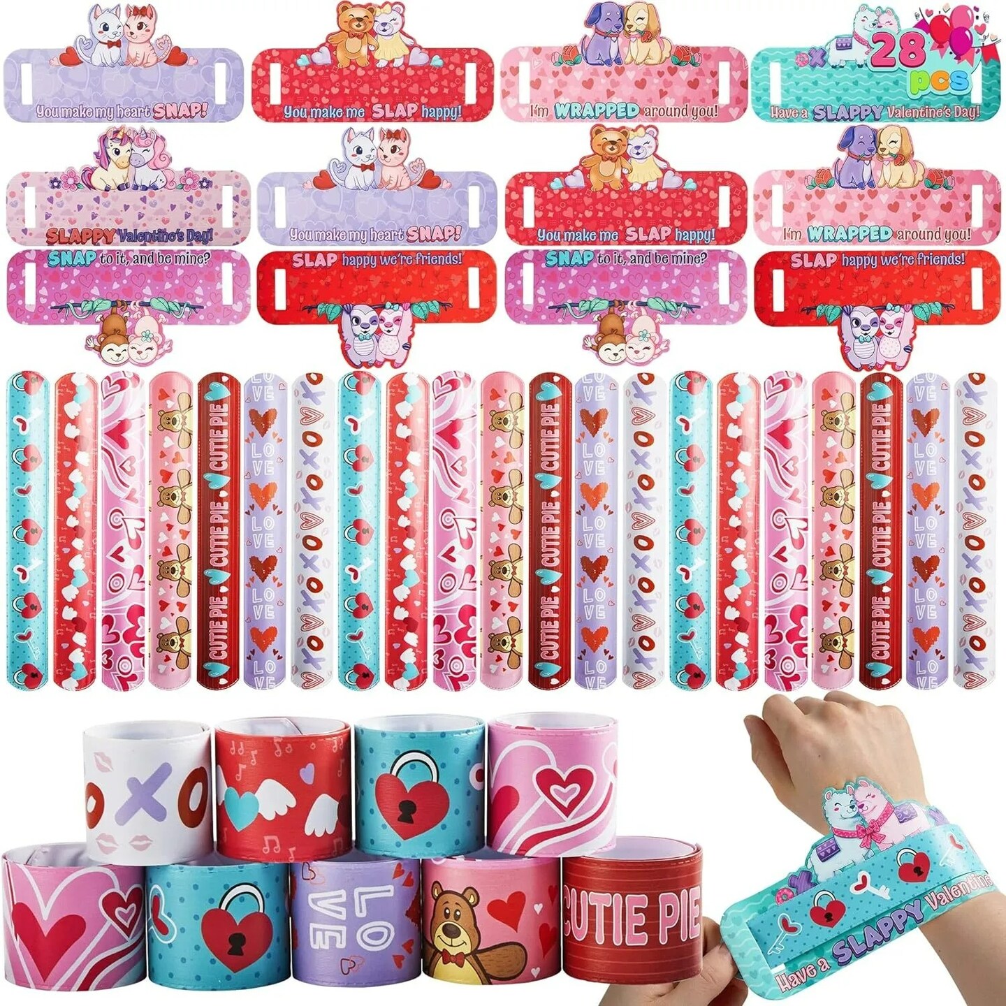Kids Valentine&#x27;s Day Gifts Cards with Slap Bracelet Animal Heart Snap Bracelet