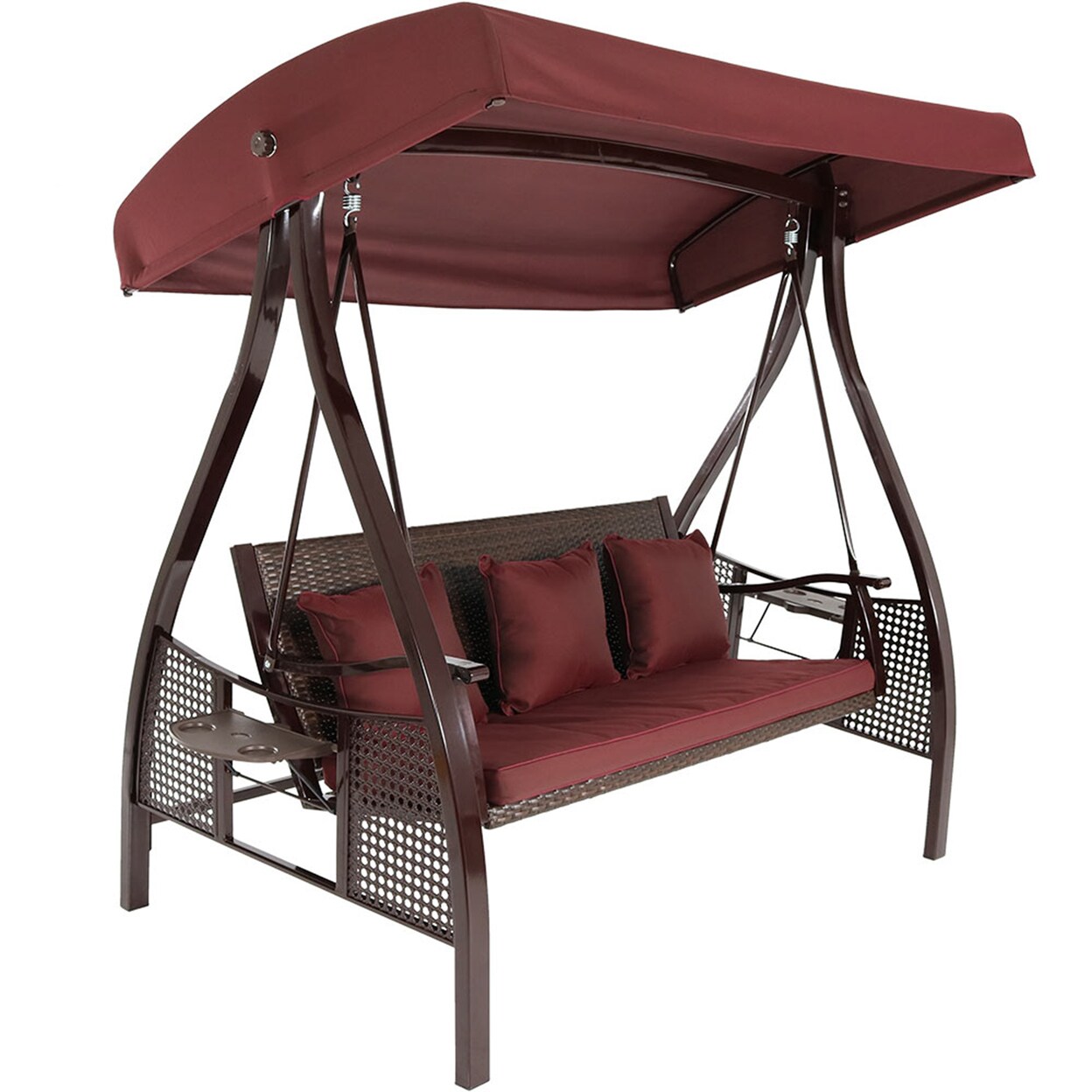 Sunnydaze   3-Person Steel Patio Swing Bench with Side Tables/Canopy - Maroon
