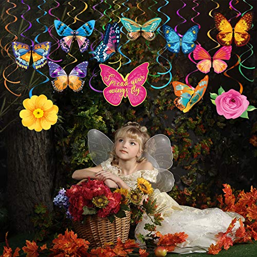 30 Pieces Butterfly Flowers Hanging Swirl Decorations Summer Butterfly Floral Baby Shower Foil Ceiling Streamers for Women Girl Kids Wedding Birthday Mother's Day 1st Birthday Party Supplies (Elegant)