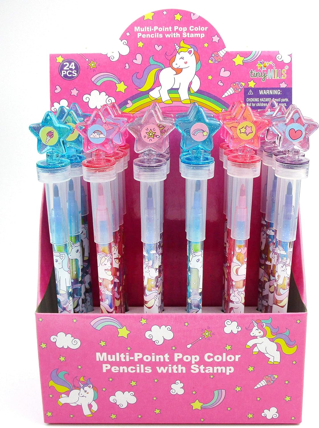 TINYMILLS 24 Pcs Unicorn Rainbow 2 in 1 Stacking Crayons with Stamp Topper