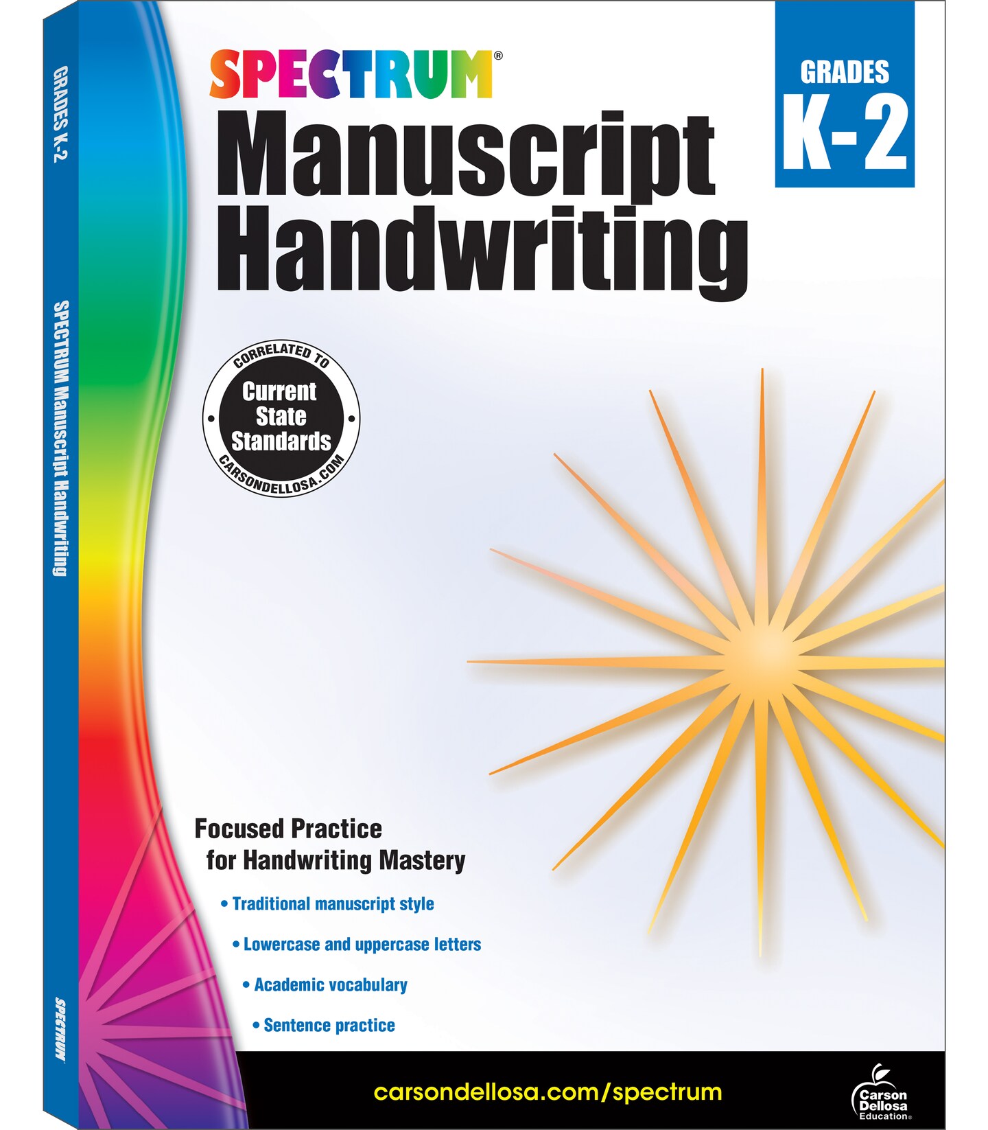 Spectrum Manuscript Handwriting Workbooks, Ages 5 to 8, Kindergarten to 2nd Grade Handwriting Practice With Lower-and Uppercase Letters, Sentence Practice, and Vocabulary - 96 Pages