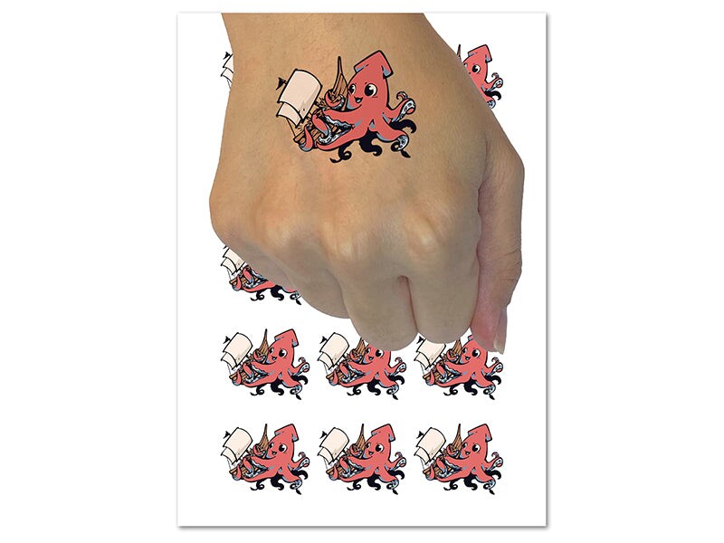 Adorable Sweet Kraken Squid Sea Monster Hug Ship Temporary Tattoo Water Resistant Fake Body Art Set Collection (1 Sheet)