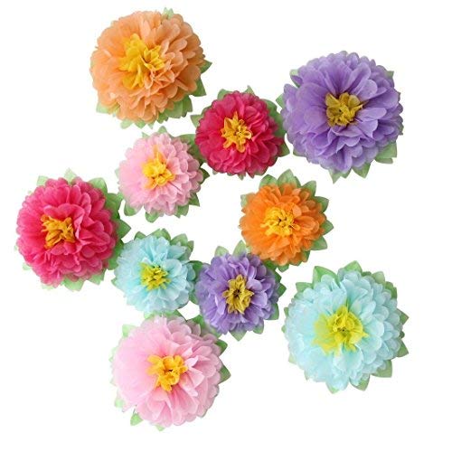 Colorful Fiesta Paper Flowers (9''-7'' Assorted) Set of 10 Outdoor Decoration Kids Birthday Carnival Rainbow Theme Party Backdrop Photo Booth Wall Decor