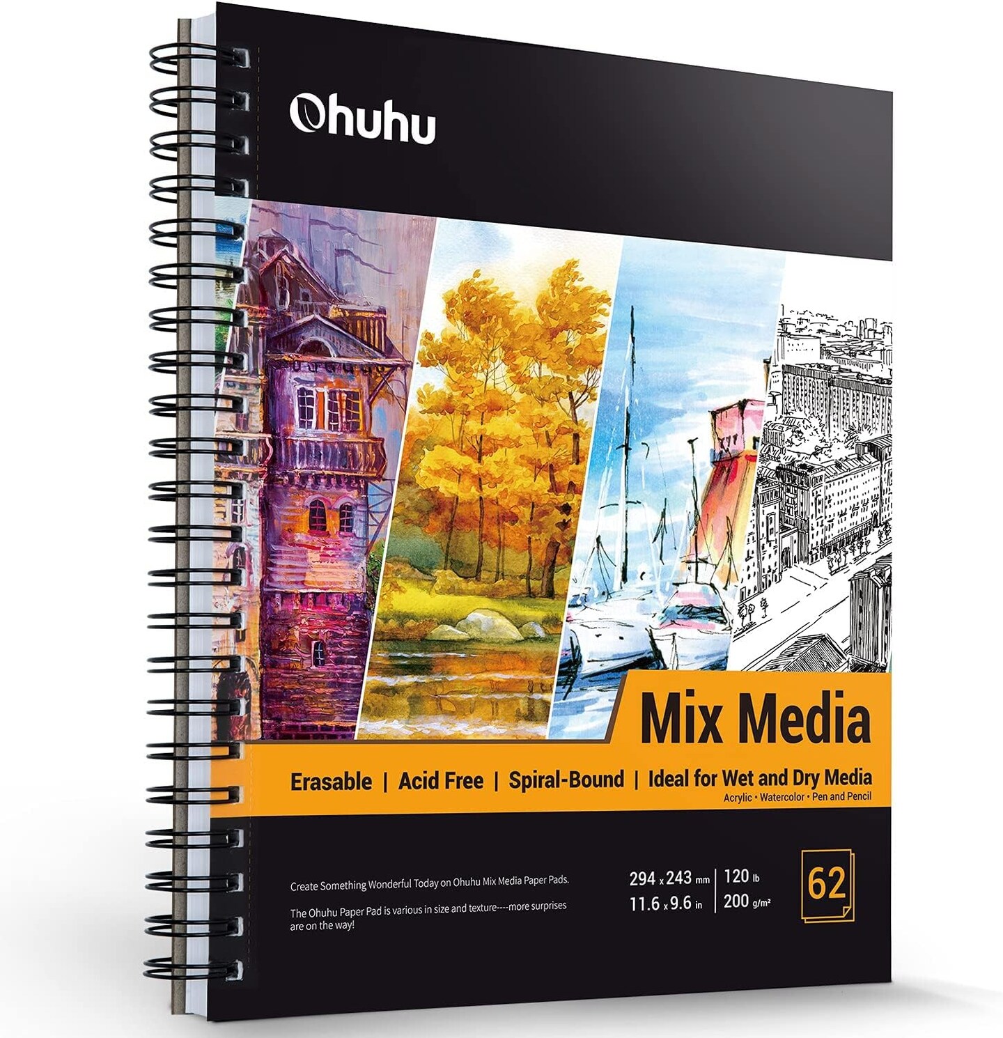 Ohuhu Mix Media Pad, Mixed Media Art Sketchbook, 120 LB/200 GSM Heavyweight Papers, Spiral Bound Mixed Media Paper Pad for Acrylic, Painting Christmas Gift