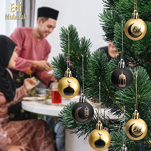 24 Pieces Ramadan Ornament Ball, 1.57&#x22; Black Gold Eid Mubarak Hanging Balls, Ramadan Mubarak Ornaments for Islamic Muslim Tree Party Decor