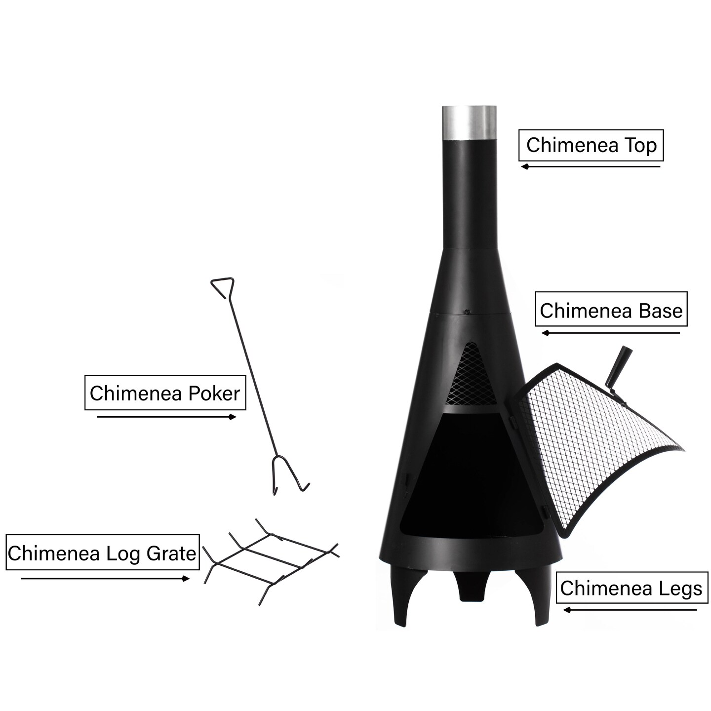 50" Black Outdoor Metal Wood Burning Chimenea Patio Heater Fire Pit for Backyard or Deck, Includes Fire Pit Poker Handle