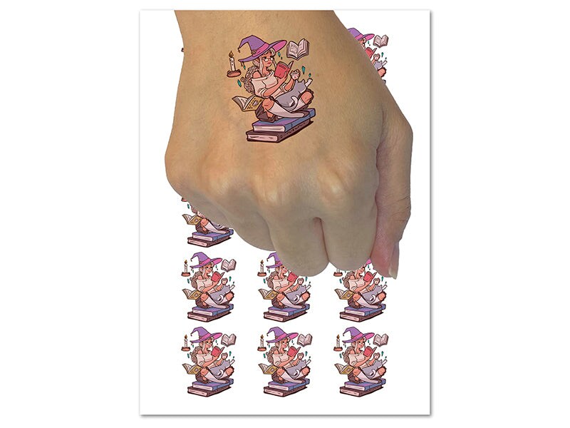 Studious Witch Reading Books with Cat Halloween Temporary Tattoo Water Resistant Fake Body Art Set Collection (1 Sheet)
