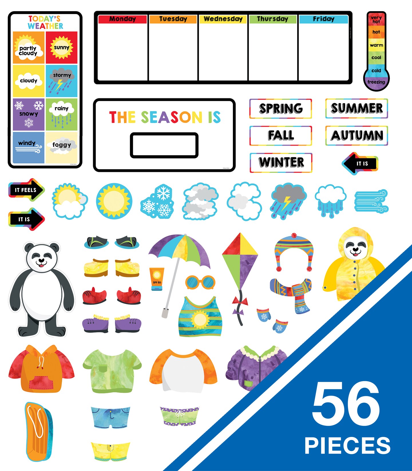 Carson Dellosa 56 pc Bundle of Dress for the Weather Bulletin Board Decorations, Panda Bear With Seasonal Accents and Clothes, Days of the Week Chart, Circle Time Learning Center and Classroom Decor