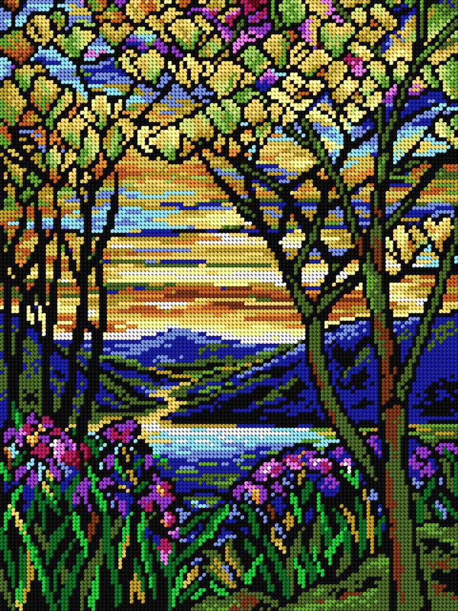 Needlepoint canvas for halfstitch without yarn after Louis C. Tiffany Landscape with Iris and Flowering Magnolia 2099J